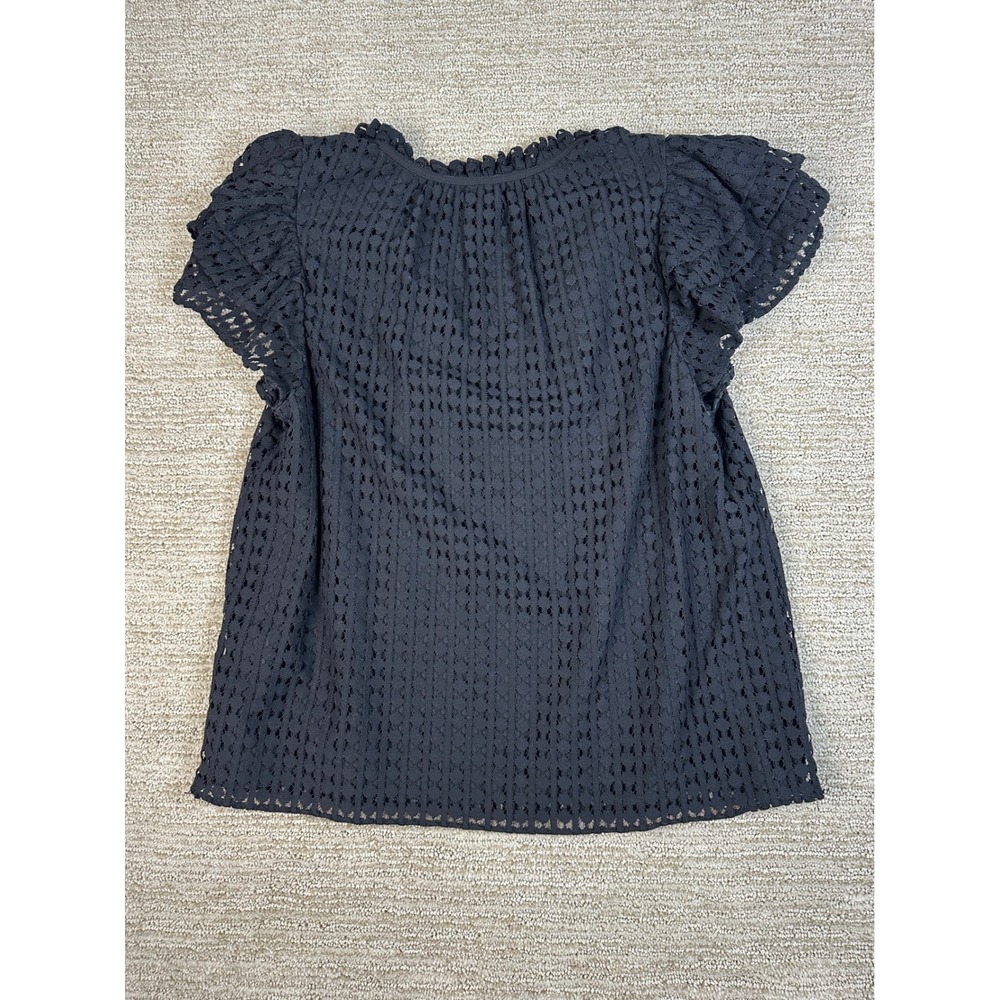 1.STATE Black Eyelet Lace Flutter Sleeve Blouse Ruffle Tie Neck Top 8133039 M - Picture 2 of 10